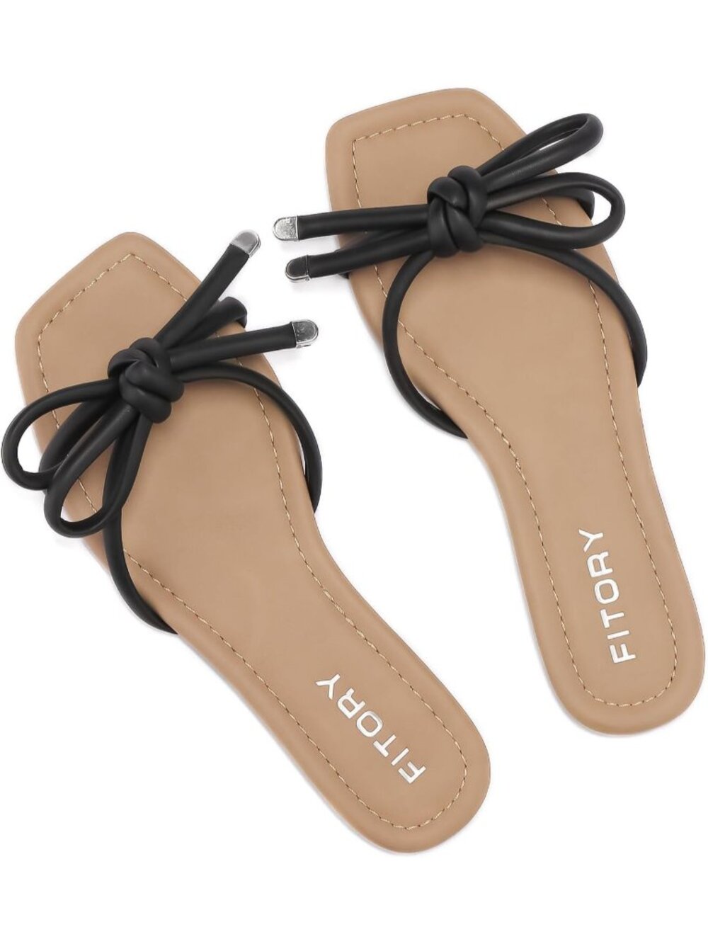 🆕Women's Black Flat Sandals Square Open Toe Slide with Cute Knot for Casual